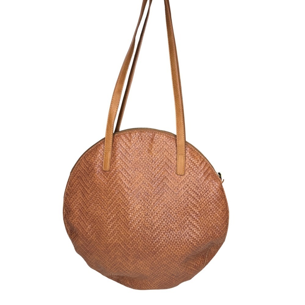 Anthropologie Cognac Brown Round Woven Faux Leather Embossed Circle Shoulder Bag